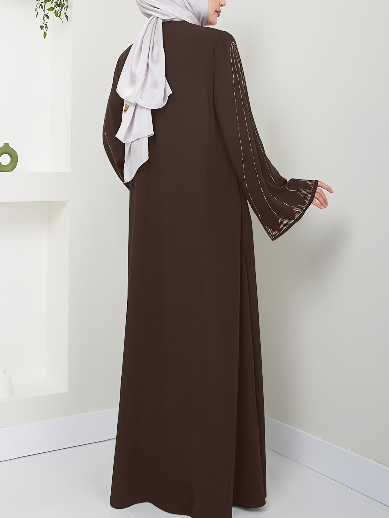 Brown rhinestone-embellished loose fit dress for Muslim women's fashion