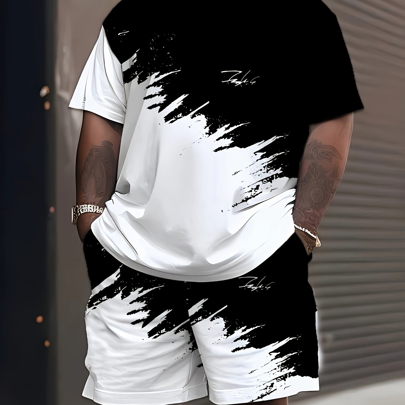 Men's Plus Size 3D Print Short-Sleeve and Shorts Set.