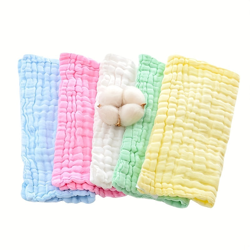 Set of 5 Baby Muslin Washcloths/Burp Cloths/Face Towels made of natural Muslin cotton. These soft face cloths are perfect for newborns and make a great baby shower gift. Each cloth has 6 layers for optimal absorbency, measuring 26.92x26.92 cm.