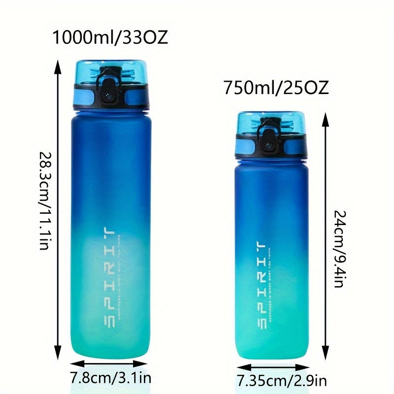 Gradient water bottle in 1000ml/750ml sizes, leak-proof BPA-free plastic for climbing, hand wash only. Ideal for home, office, outdoor activities, and as gifts for special occasions.