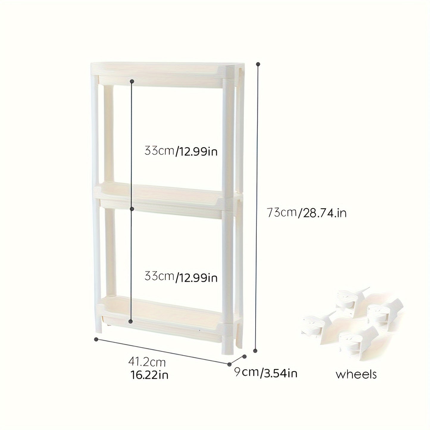 Ultra-thin multi-layer storage cabinet with wheels, perfect for narrow spaces in bathrooms, kitchens, or offices - available in 3 or 8 layers, made of plastic to save space.