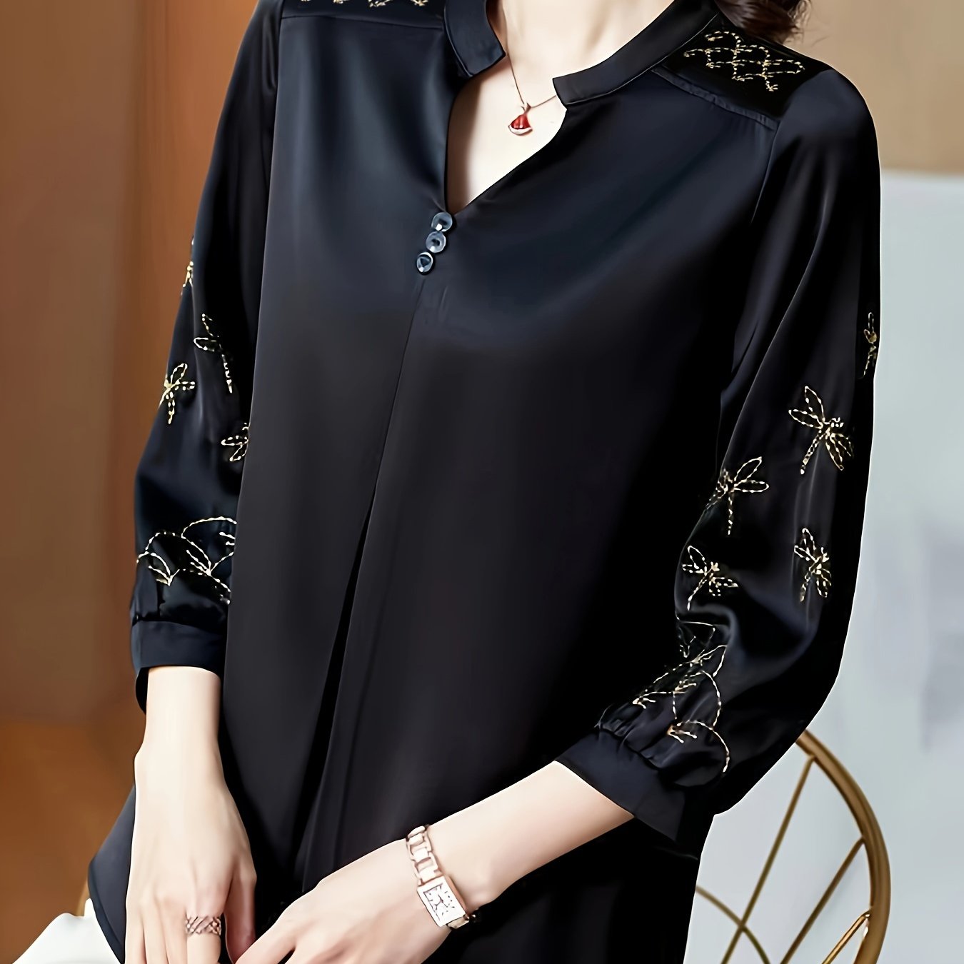 Notched Neck Blouse with 3/4 Sleeve Embroidery for Women's Spring & Fall Collection