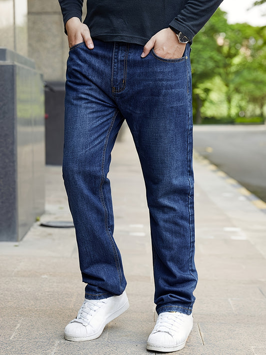 Men's elastic straight-cut jeans in large sizes, suitable for both casual and business wear.