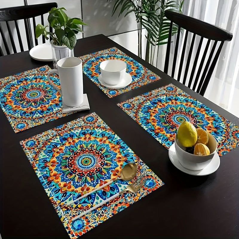 4 Mandala-style placemats with a Persian Bohemian design, heat resistant and washable, suitable for home and restaurant use.