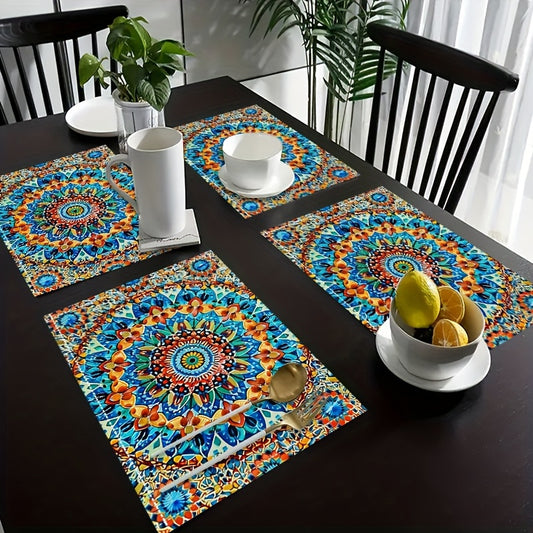 4 Mandala-style placemats with a Persian Bohemian design, heat resistant and washable, suitable for home and restaurant use.