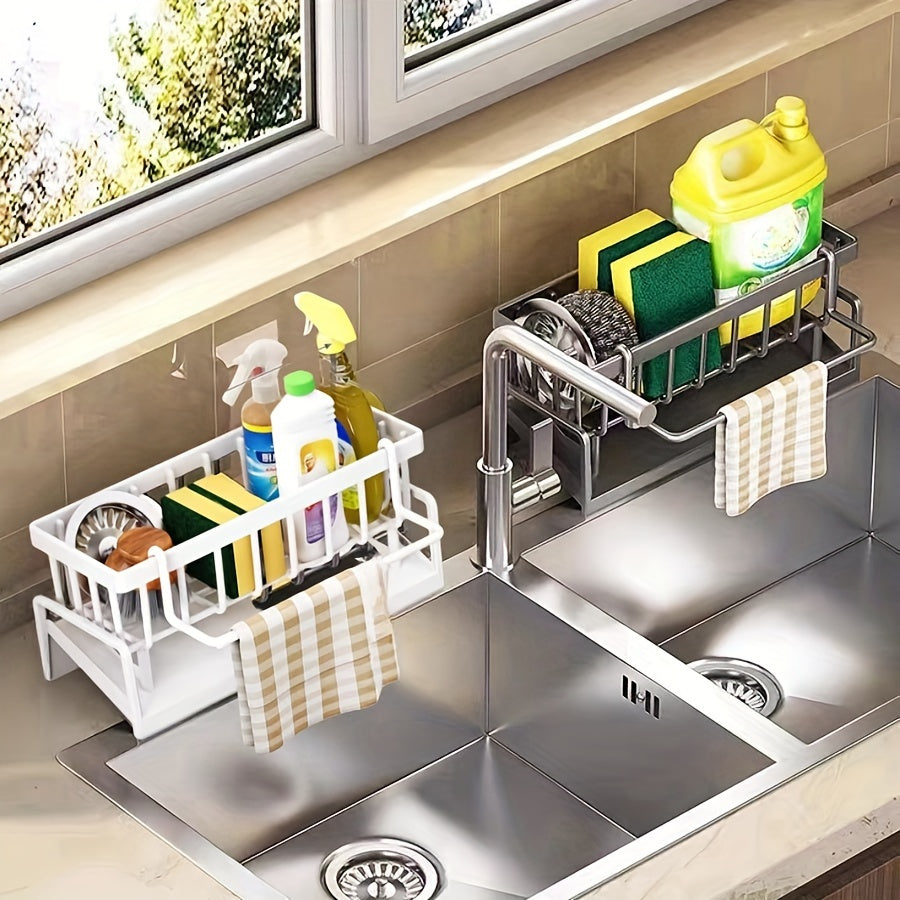 Versatile Kitchen Sink Organizer - Sturdy ABS Plastic Drain Rack with Cloth Holder, Countertop Sponge & Detergent Storage Basket