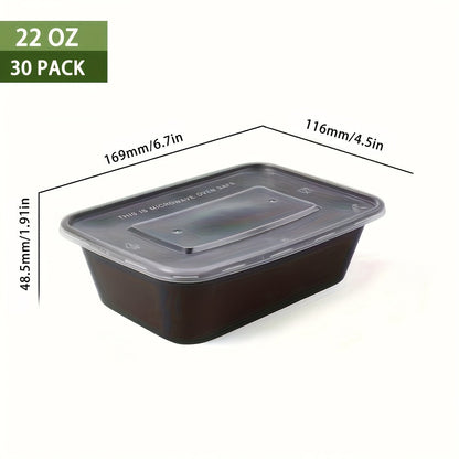 30 pieces of plastic black boxes with lids in 17, 22, and 26 ounce sizes. These rectangular food storage containers are BPA free and come with leakproof covers. They are stackable and microwave-safe, making them ideal for storing food. Perfect for use as