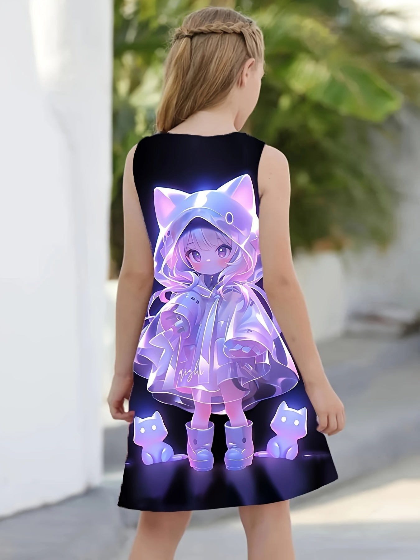 Girls Sleeveless Cat Print Dress, Casual Animal Pattern Sundress