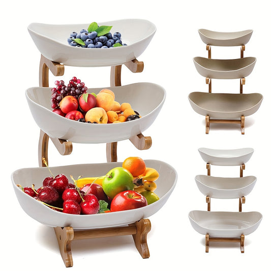 Wooden 3-Tier Fruit Stand for Kitchen Use - No Batteries Needed for Multiple Purposes