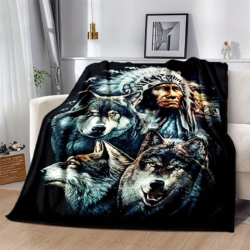 1 piece of retro Indian and wolf pattern printed blankets, with flange detail and made from soft, warm fabric perfect for using on sofas, in offices, or on beds while camping. These blankets are versatile and can be used as NAP blankets, making them a