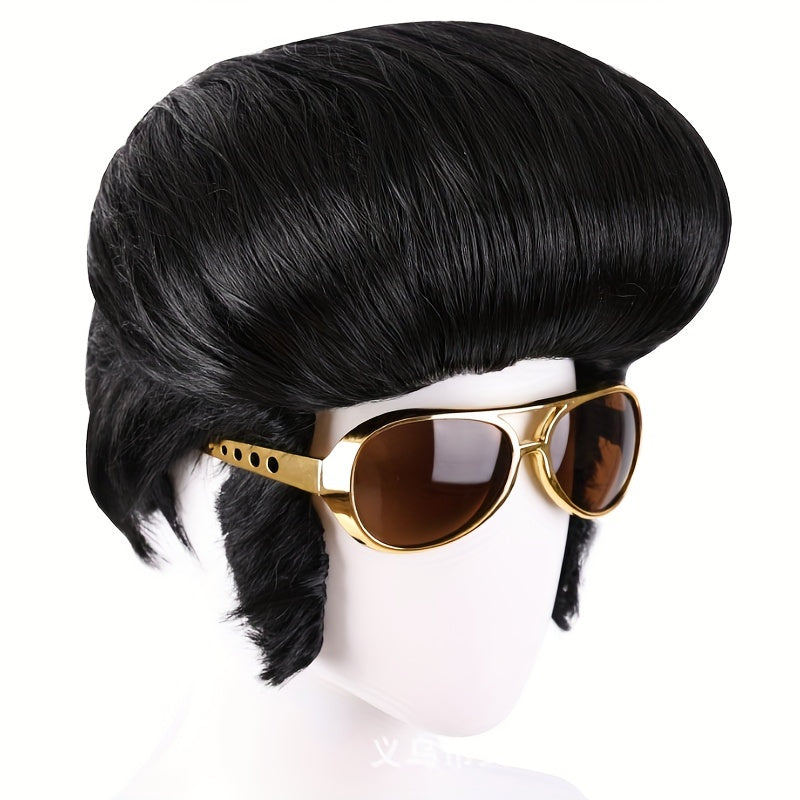 Set of 4 Nylon Coily Hair Wigs for Men - Perfect for Disco Rock Singer Cosplay. Includes Glasses, Mustache, and DISCO Necklace for Parties, Performances, and Halloween Costumes.