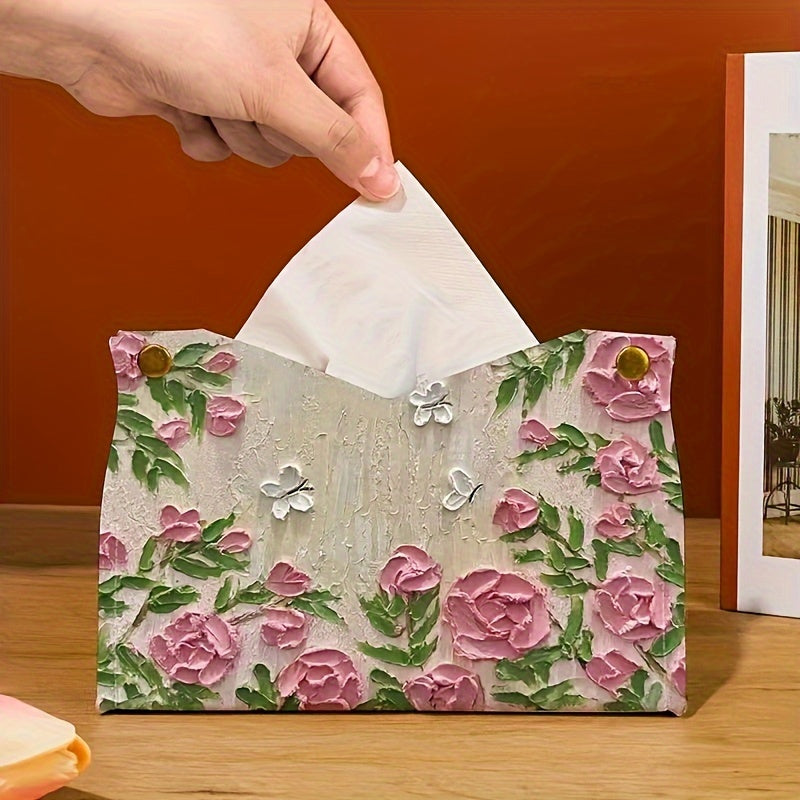 PU leather tissue box with floral print, suitable for bathroom or living room décor.