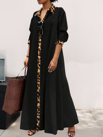 Plus Size Elegant Leopard Print Trim Long Dress with Regular Sleeves made of Women's Polyester Blend. This dress features Non-Stretch Fabric, Long Sleeve, Straight Hem, Loose-Fit Tunic