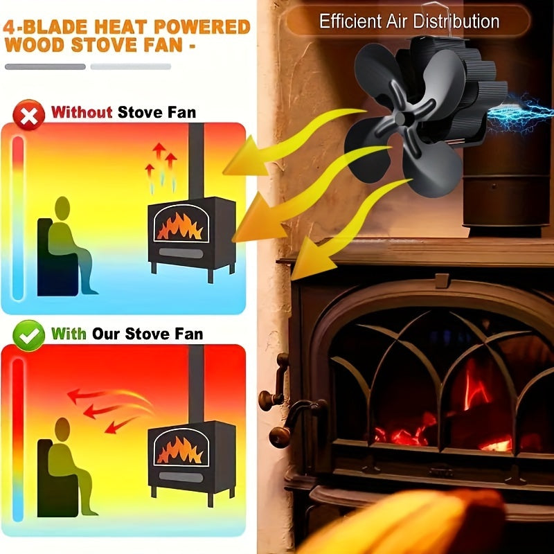 Silent & High-Performance 4-Blade Magnetic Fireplace Fan - Ideal for Wood Stoves, Log Burners & Improving Airflow - Features Adjustable Strap, Sleek Polished Aluminum Design, Ideal for Winter Use