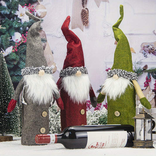 Soft knit Santa Claus wine bottle cover, ideal for holiday celebrations and gifting.