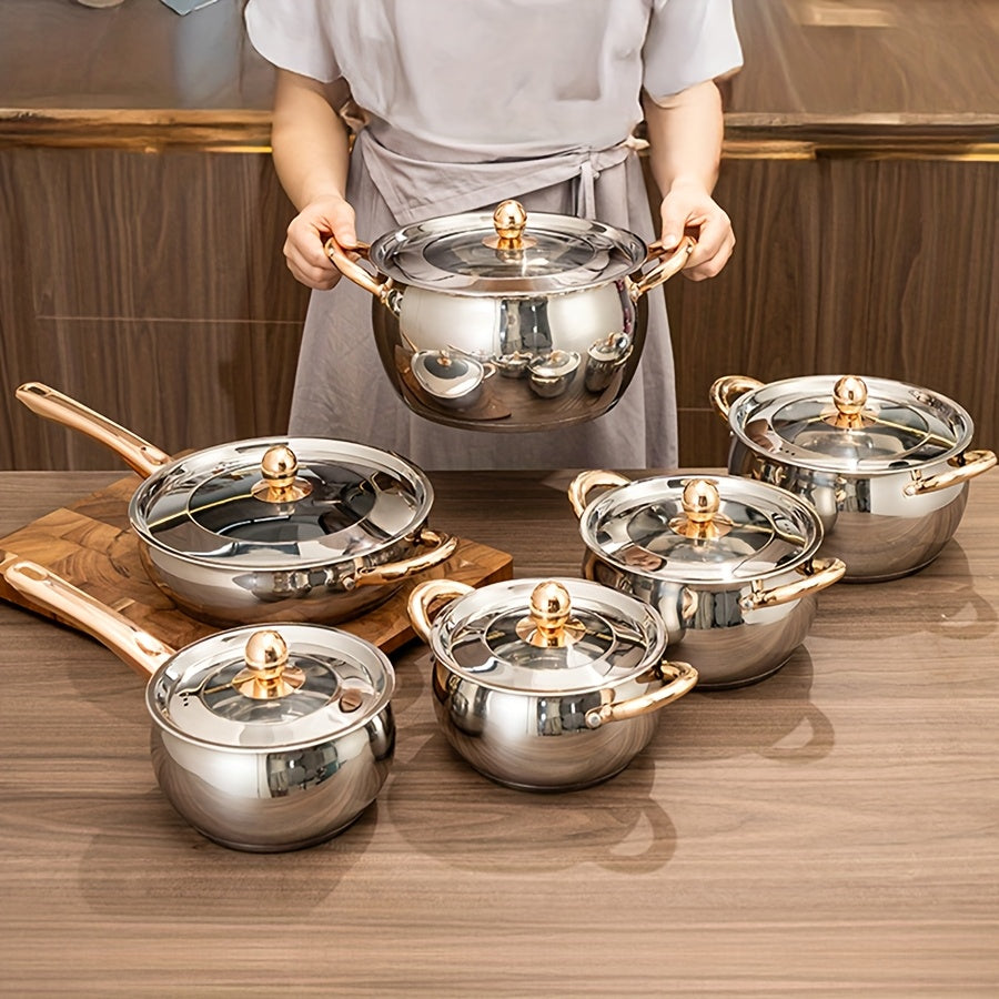 This set includes 12 pieces of stainless steel cookware, perfect for home, restaurant, dorm, or camping use. The versatile large capacity pots and pans come with lids for even heat distribution and easy cleaning. The set includes 4 saucepans, 1 skillet