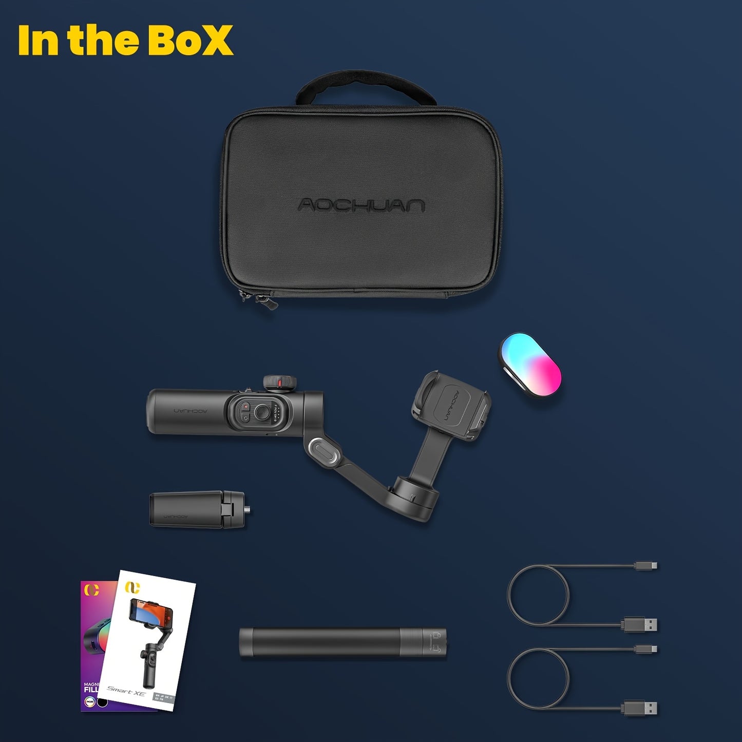 Phone gimbal stabilizer kit for Android phones with extension rod, storage bag, follow focus wheel, inception mode, and vlogging capabilities.