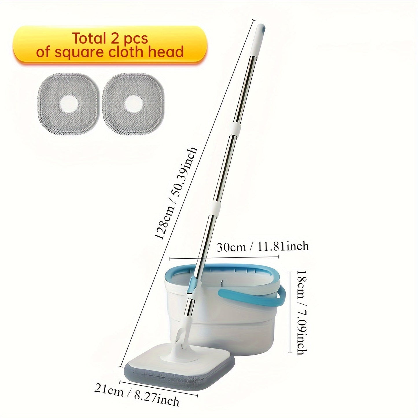 Household hands-free rotating mop set with bucket, includes 2 mop heads and pollution separation bucket. Perfect for cleaning living rooms, bedrooms, bathrooms, toilets, and kitchens without the need for electricity.