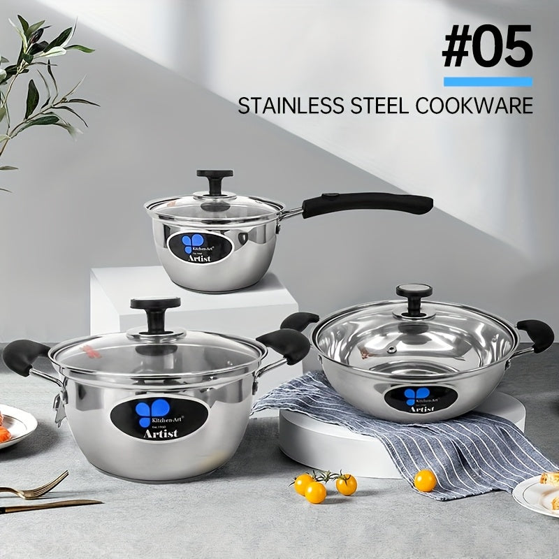 Stainless Steel Cookware Set - Includes 3 Pieces, Compatible with Induction & Gas Stoves, Ideal for Home Kitchens