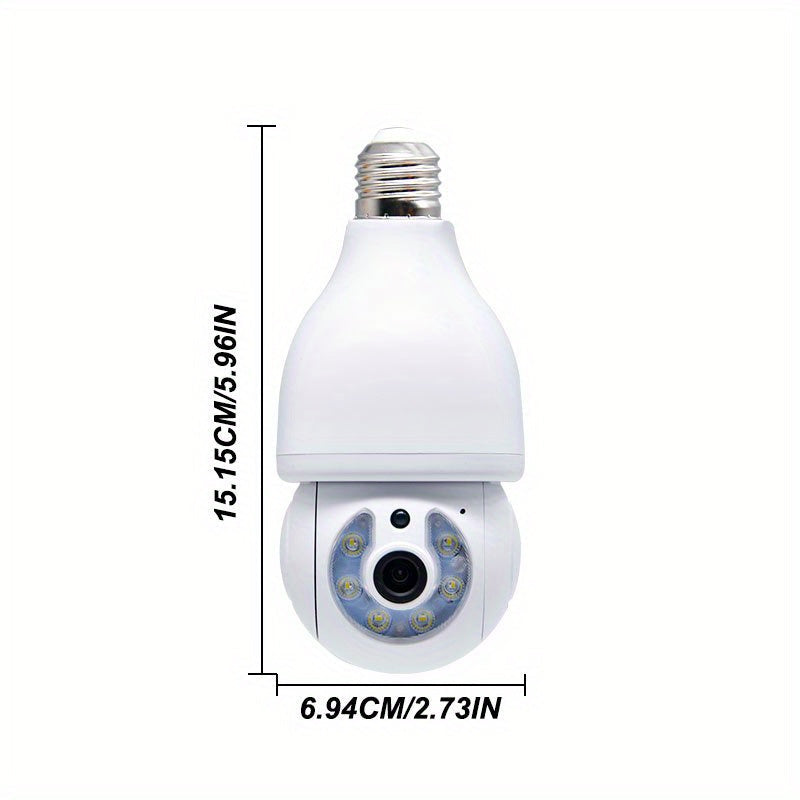 2MP WIFI wireless light bulb camera with intelligent safety features. This indoor and outdoor camera is equipped with 2.4GHz WiFi connectivity and fits in a standard E27 light bulb socket. The PTZ function allows for full 360 degree rotation, making it