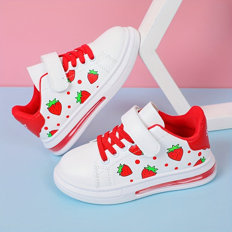 Casual cute cartoon strawberry pattern low top sneakers for girls, comfortable non-slip skateboard shoes for all seasons.