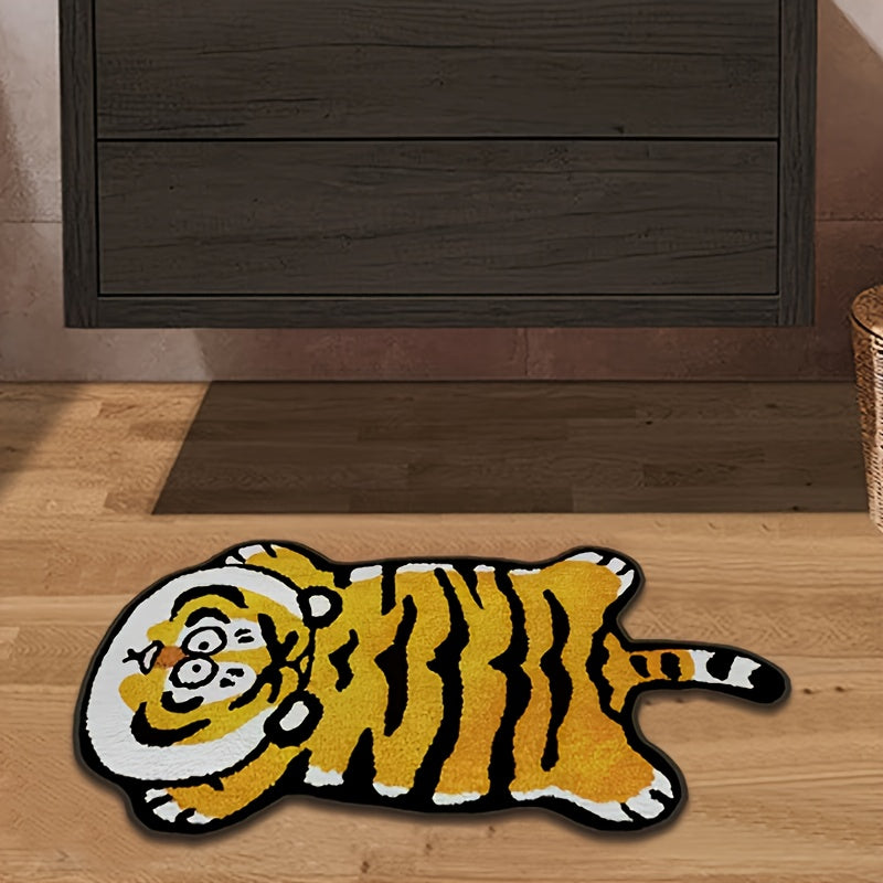 Upgraded ultra-fine thickened short fleece non-slip floor mat featuring a cute little tiger pattern in brown. This special-shaped microfiber mat is both absorbent and non-slip, making it perfect for both indoor use and as a toilet door mat. It is machine