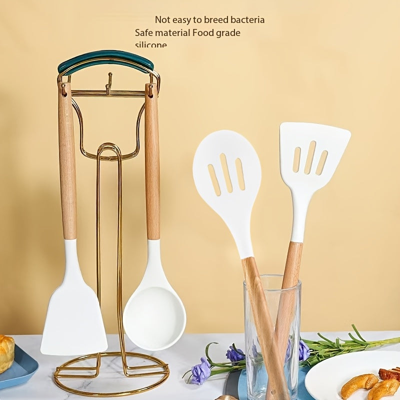 5-piece Non-Stick Kitchen Utensil Set with Wooden Handles, Safe for Food Contact - Ideal for Frying, Serving Soup & Sauces