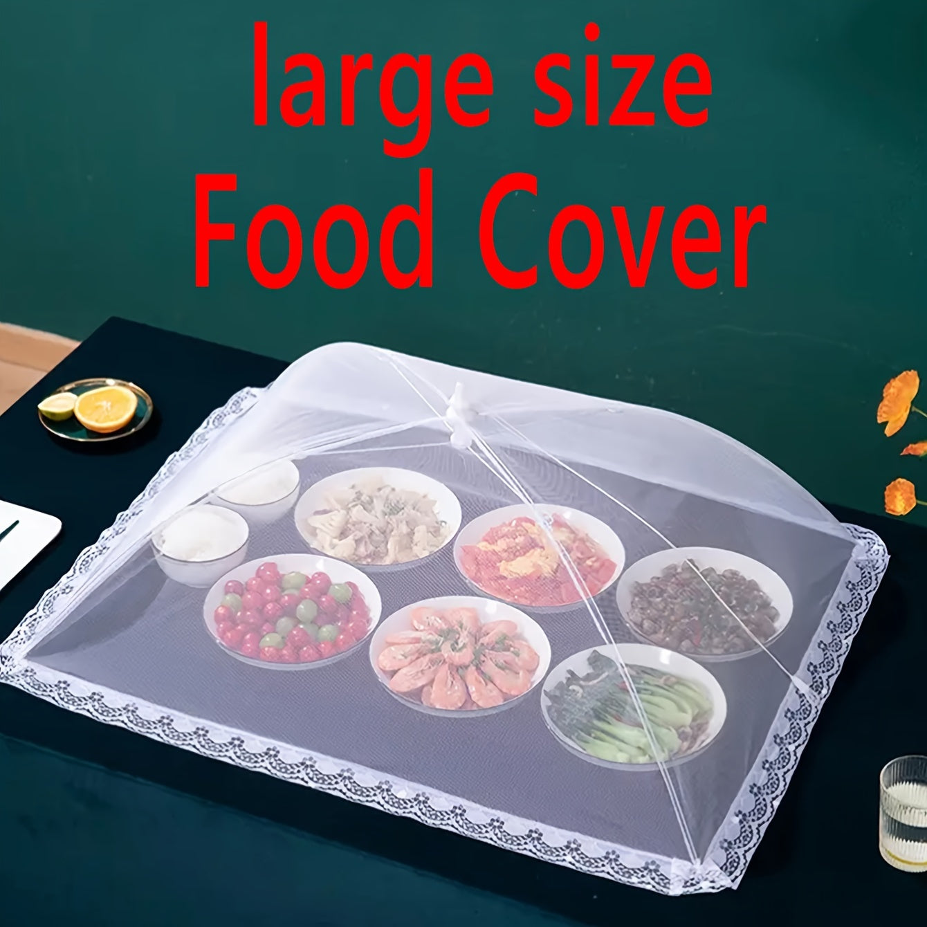 1 Foldable Stainless Steel Food Cover Tent with Lace Edging, Large Insect-Proof Dust Cover for Outdoor Events, BBQs, and Camping.