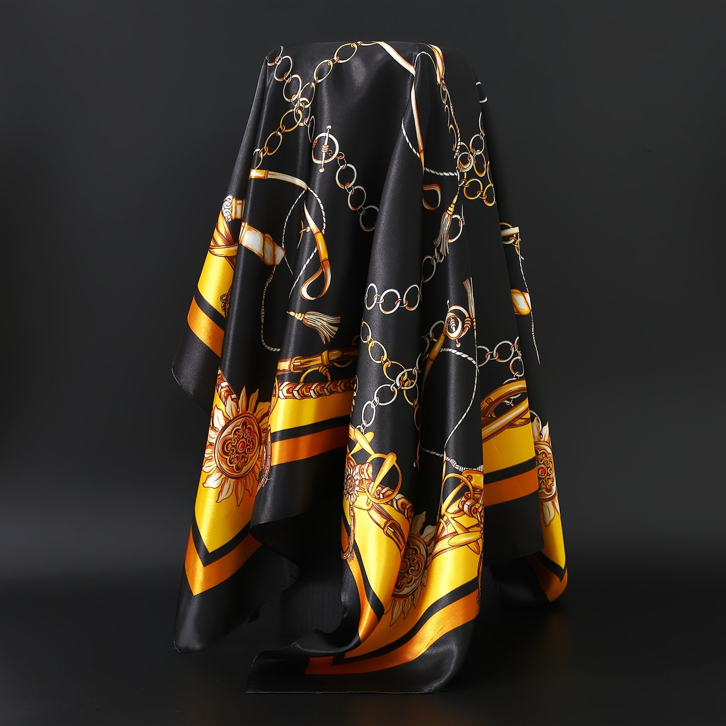 1pc Elegant Black & Golden Print Scarf - Stylish square headscarf with floral and geometric design, windproof and sun-protective. Luxury polyester fabric, 40g/m². Perfect for all seasons.