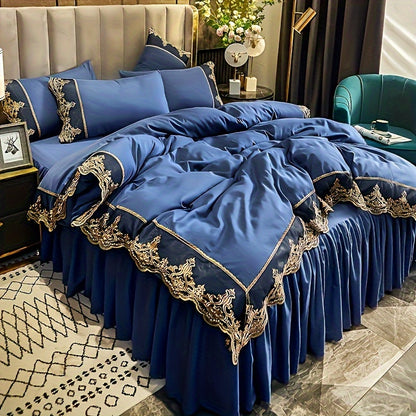 Modern luxury polyester duvet cover set with 2-3 pieces. Solid color with golden lace details. Soft, comfortable, and breathable with zipper closure. Suitable for bedroom, guest room, and