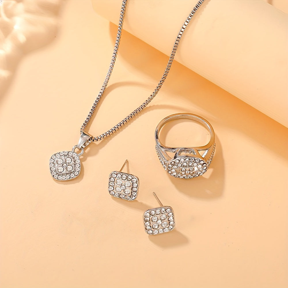 Set of 4 elegant studded rhinestone square pendant jewelry for women, ideal for daily party wear and a gift for her.