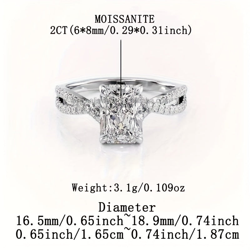 Rectangular Moissanite Engagement Ring - Perfect for Proposal & Anniversary, Hypoallergenic Cross Shank, Boho Style, Elegant S925 Sterling Silver Jewelry for Ladies, Comes with a Gift Box