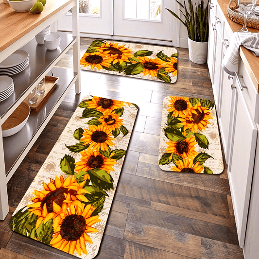 One piece Sunflower Print Kitchen Floor Rug designed to resist dirt and water, machine washable for easy cleaning. Can be used as an Entrance Doormat, Kitchen and Living Room Carpet, or Laundry and Bathroom Water-absorbing Floor Carpet.