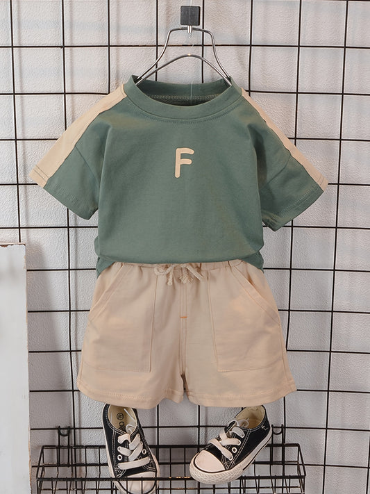 Boys' Summer Casual Outfit: Cotton T-Shirt & Shorts with Letter Print, Machine Washable, Leisure Style, Suitable for Outdoor Activities