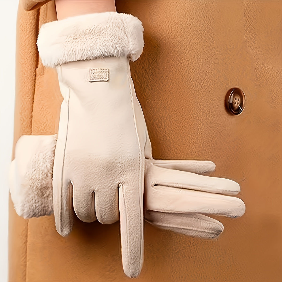 Stay warm and stylish with these cozy women's beige touchscreen gloves. Made with thick warm plush lining and full finger design, these winter gloves are crafted with knitted polyester material for ultimate comfort. The inelastic fit provides a snug