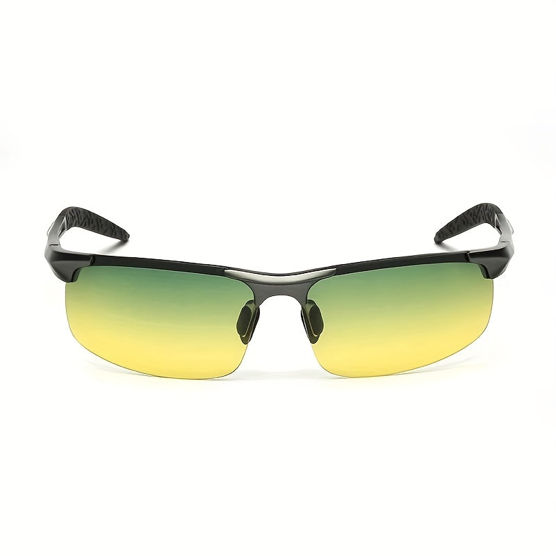 Fashionable yellow-tinted glasses for day and night driving, suitable for both men and women, featuring a square frame and adjustable nose pad and temples. Perfect for driving.