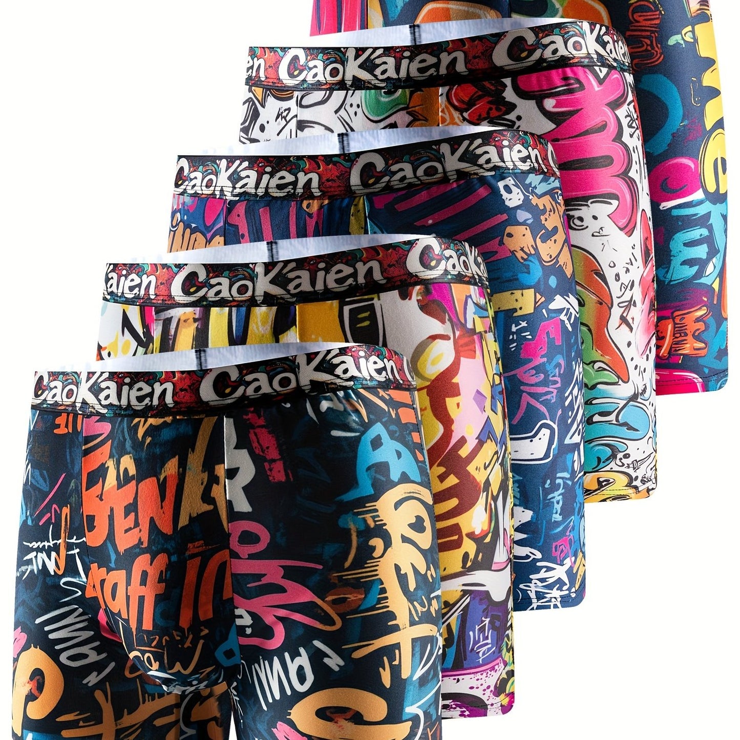 5 Vibrant Graffiti-Style Men's Long Boxer Briefs - Pop Art Inspired, Ultra-Soft Polyester Blend, Elastic Waistband