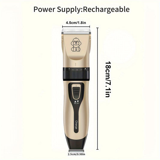 USB rechargeable pet grooming clipper with low-noise, professional clippers suitable for all pet sizes and hair lengths. Uses lithium 18650 battery and works on cats, dogs, and human hair.