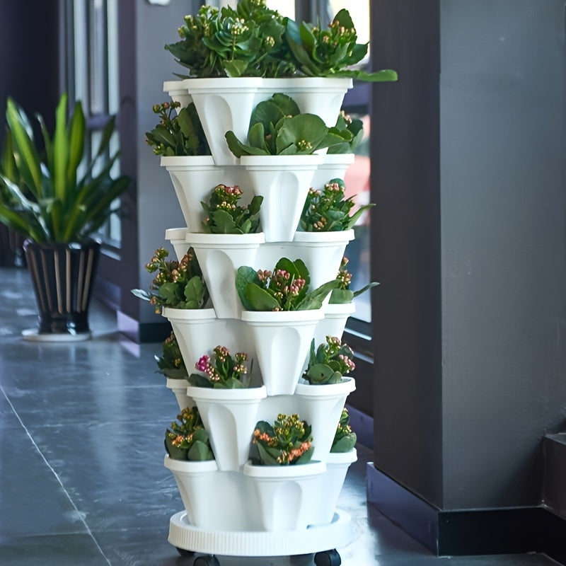 1 set of 6-tier stackable planters with 18 pieces, made of durable plastic with moving wheels and tools. Ideal for growing flowers, herbs, strawberries, and vegetables in indoor or outdoor