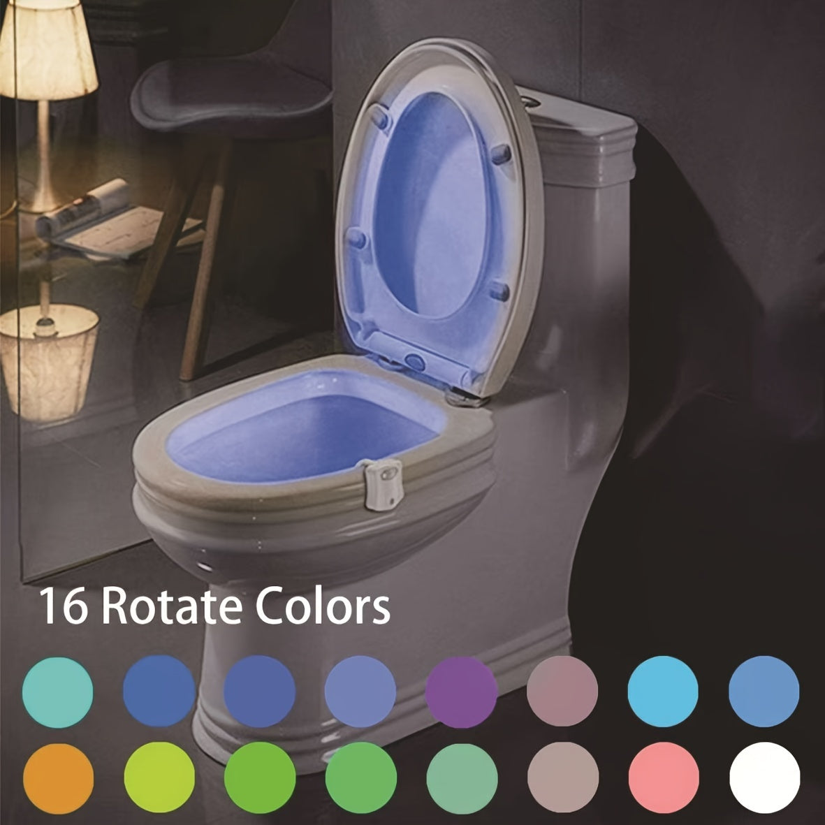 LED toilet light with motion activation, 16 color options, wall mountable, battery operated, modern design.