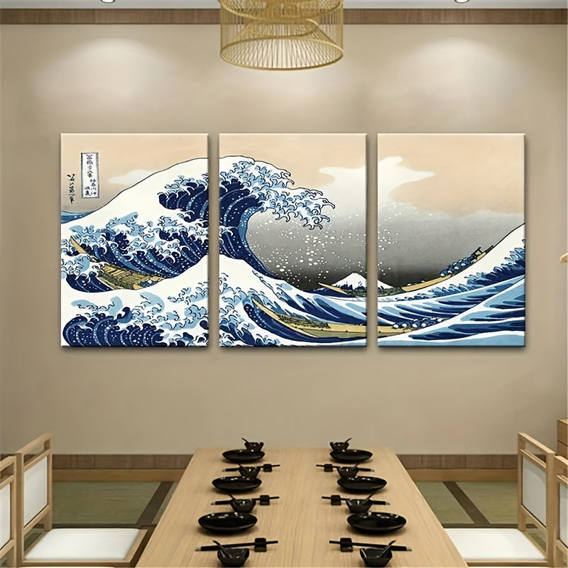 Set of 3 Japanese-style canvas print posters depicting Waves of Kanagawa. Ideal for various wall decor in living rooms, bedrooms, bathrooms, offices, hallways, and kitchens. Frames not included.