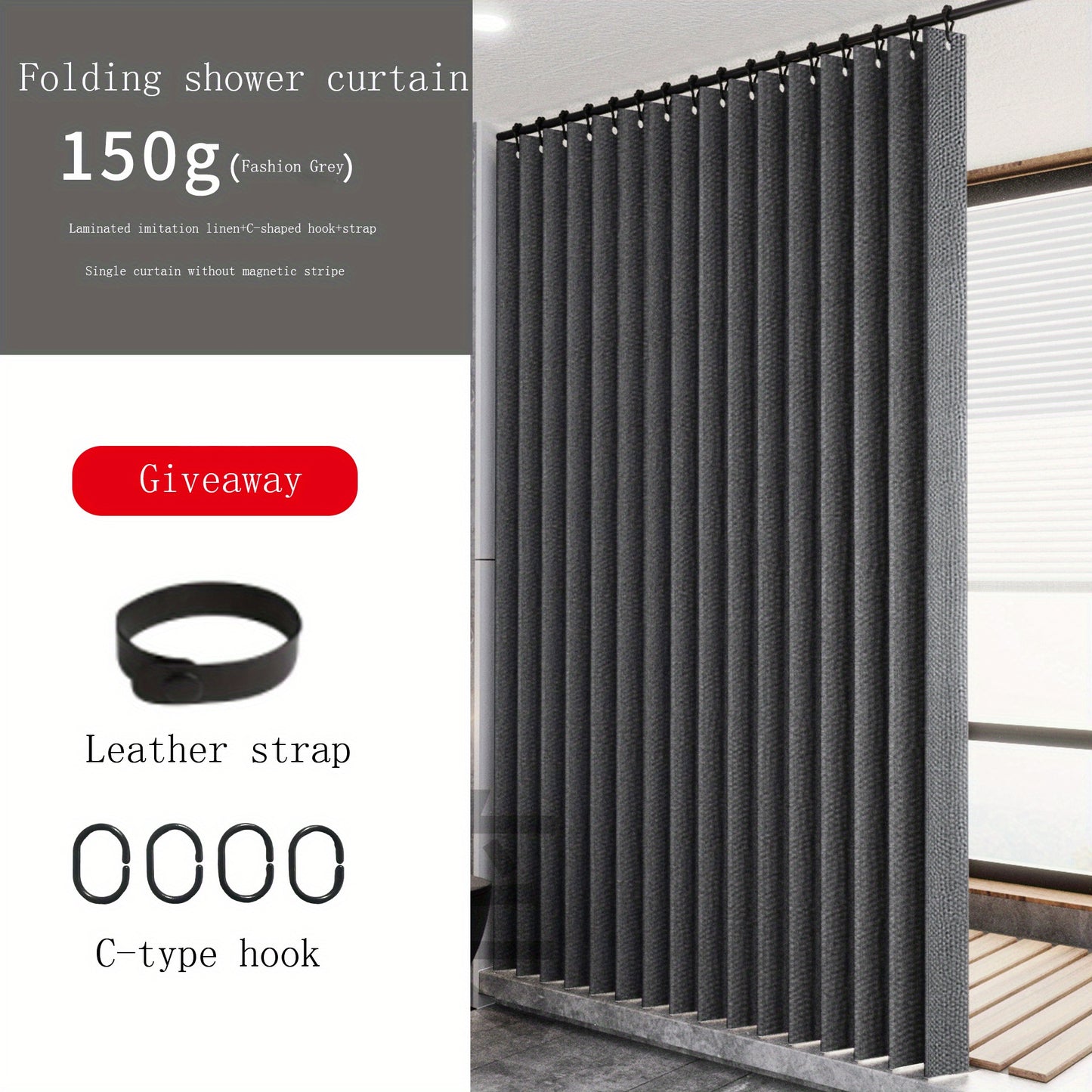 High-pressure folding waterproof shower curtain made from durable imitation linen fabric. Features wet and dry separation for bathroom and cabinet dust protection. Includes faux leather strap and C-type hooks. Machine washable for easy care. Provides