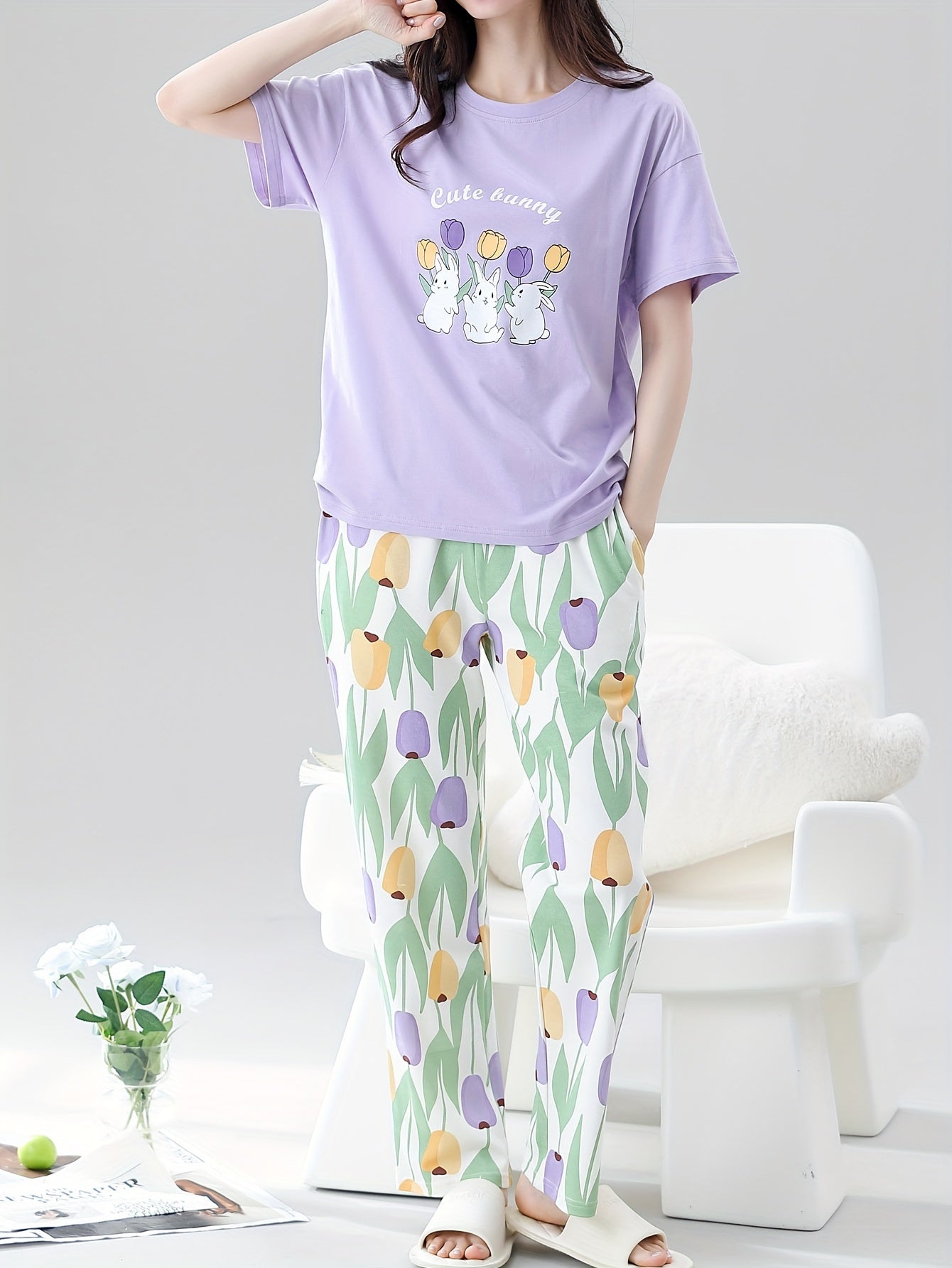 Spring and Autumn Women's Pajama Set: Short Sleeve, Long Pants, Casual Flower Rabbit Design for Both Indoor and Outdoor Wear.