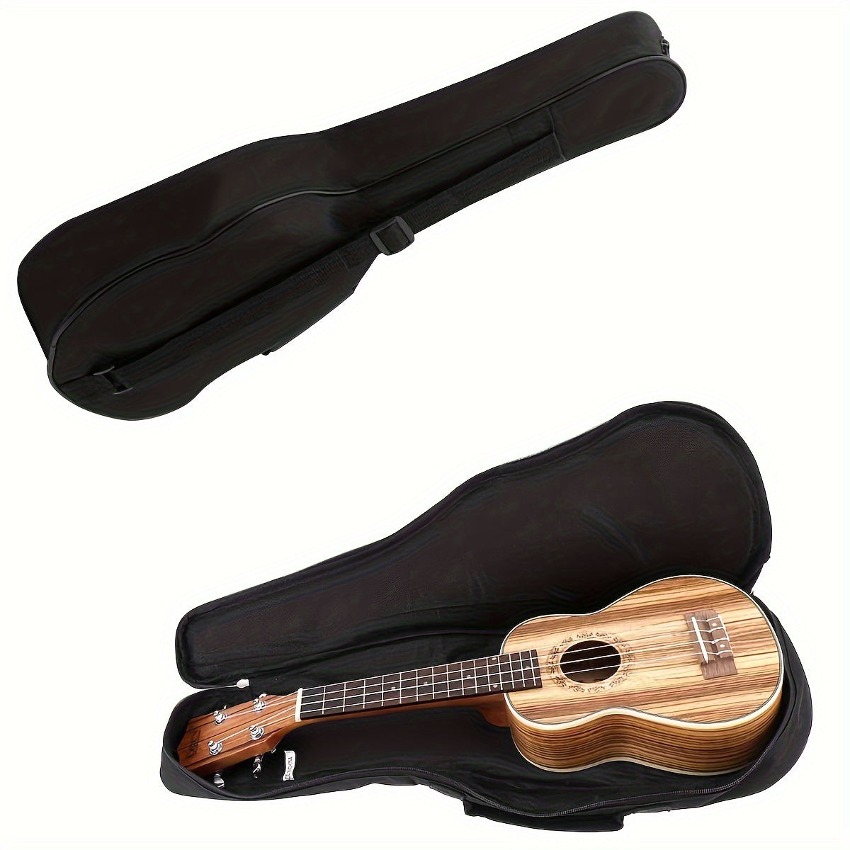 Premium black ukulele case with adjustable straps, fits soprano and tenor ukuleles of various lengths. Suitable for concerts. Ukulele not included.