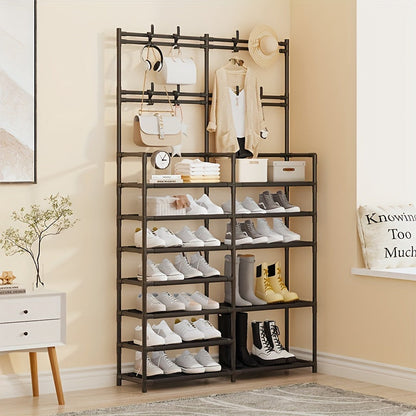 4 to 5 tier coat rack made of carbon steel that can be used for various purposes. It is spacious, measuring 170.18cm, and can be used to organize clothes and shoes. Available in black or white, and is easy to assemble.