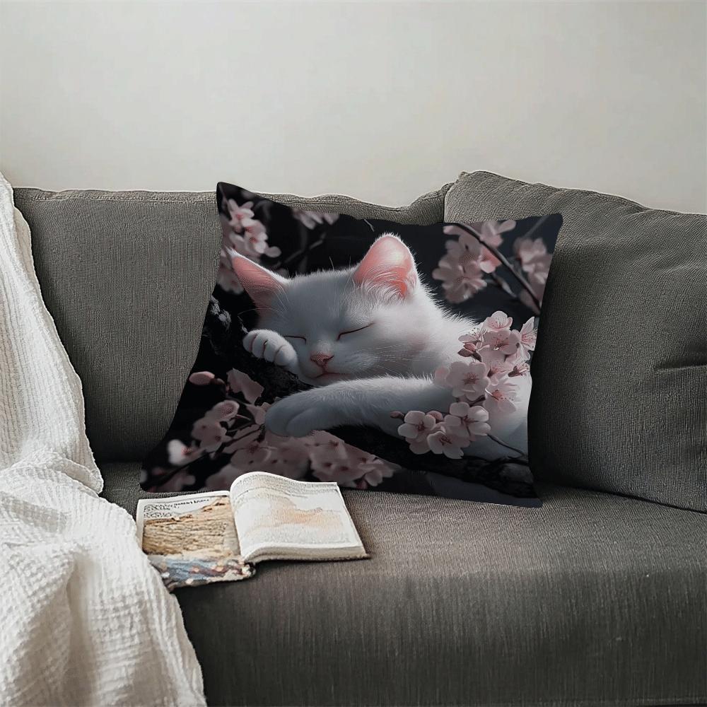 White Cat and Cherry Blossoms Cushion Cover - 1 piece, 45.01cm, Machine Washable with Zip Closure - Perfect Decorative Pillow Case for Sofa, Living Room, and Bedroom. Ideal for Summer and Fall Decor (Cushion Not Included)