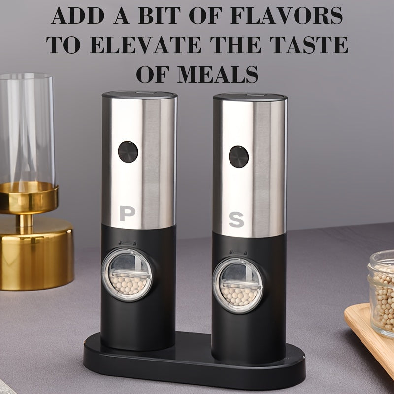 Get your hands on the convenient 2PC Electric Salt And Pepper Grinder Set with a storage base. This battery-powered set features automatic grinding with LED light, adjustable coarseness, and a one-hand one-button start. Made with high-quality ABS