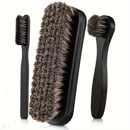 Horsehair cleaning brush set with wooden handle, soft bristles, reusable, no electricity required, multiple components for various cleaning tasks. Ideal for car interior, clothes