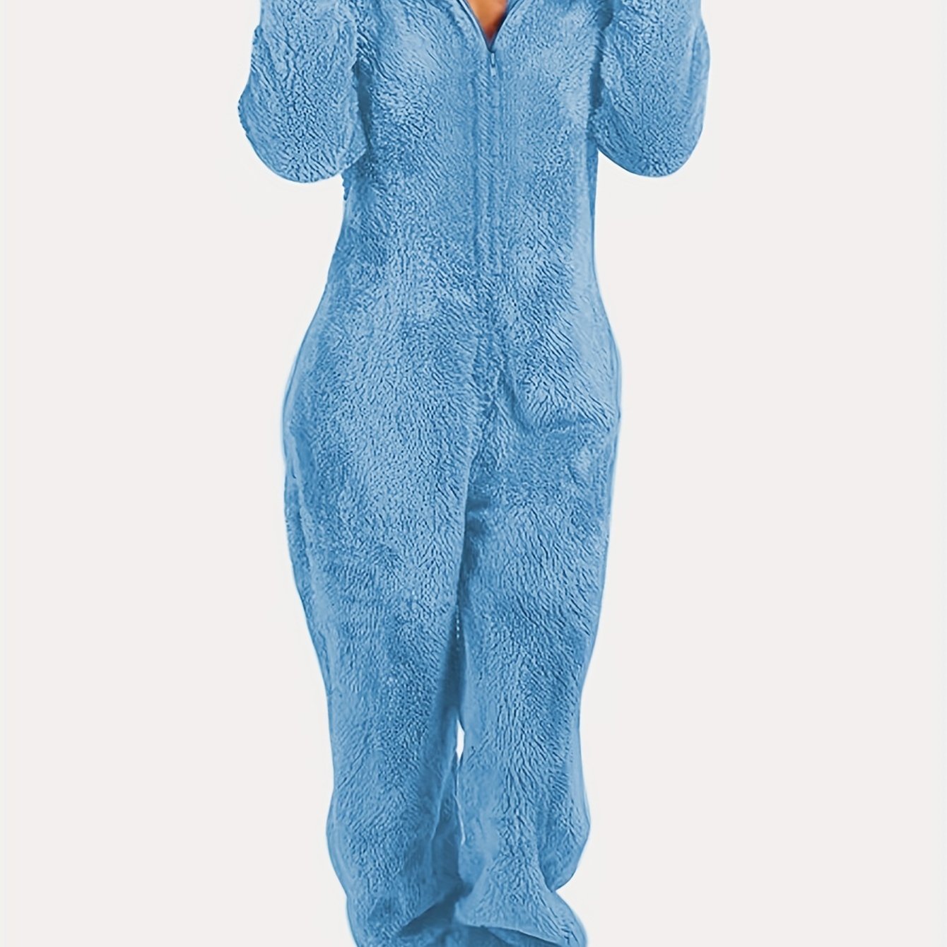 Fuzzy hooded pajama jumpsuit for music festival, comfy and cute lingerie and sleepwear.