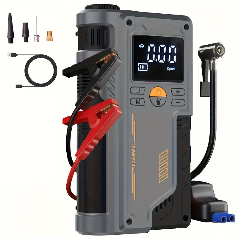 Portable car inflator pump with emergency night light and wireless power supply. Features 8000mAh lithium battery for tire inflation and emergency use.